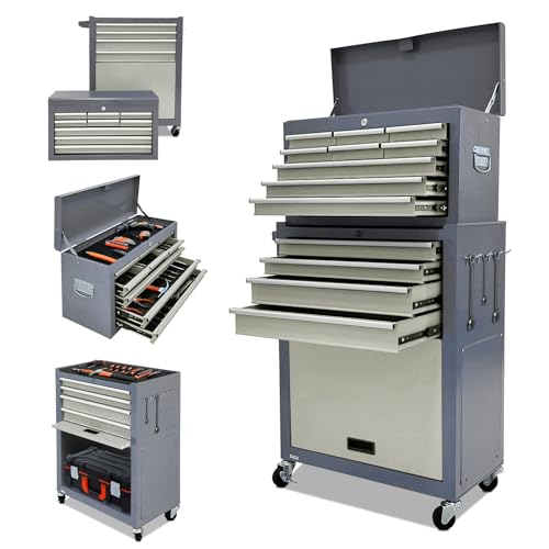 Kirmosal 13-Drawer Tool Chest with Wheels,2 in 1 Detachable Rolling Tool Chests with Drawers,Large Tool Box with Lock,Mobile Steel Tool Cabinet Storage for Warehouse,Garage-Grey&White Kirmosal