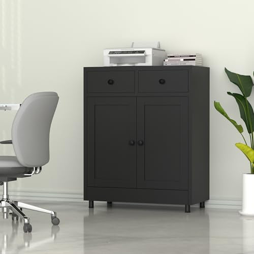 JINKUR Metal Storage Cabinet with 2 Drawers and Adjustable Shelf, Sideboard Buffet Cabinet for Home, Office, Hallway, Entryway, Living Room, Kitchen Pantry and Dining Room (Black) JINKUR