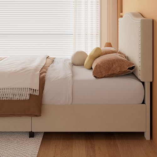 VECELO Queen Bed Frame, Platform Bed Frame with Underbed Storage Drawers and Adjustable Height Upholstered Headboard, Heavy-Duty Frame and Strong Wooden Slats Support, Noise-Free, Easy Assembly, Beige VECELO