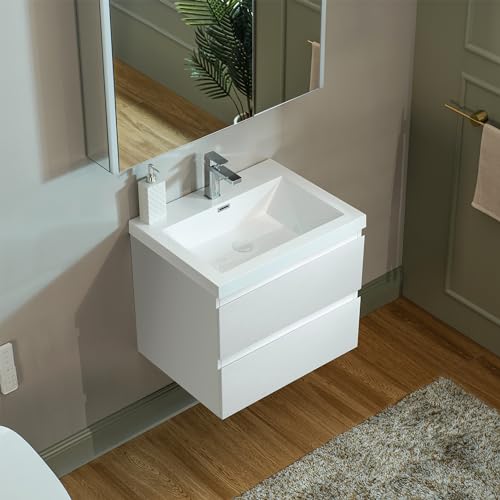 WOODBRIDGE 23-5/8 in. W x 19-5/8 in. D Wall Mounted Floating Vanity in Glossy White with Resin Composite Vanity Top in Glossy White WOODBRIDGE