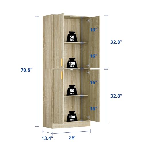 Cozy Castle Kitchen Pantry Cabinet, 71" Tall Wood Storage Cabinet with Doors and Shelves 4 Doors Freestanding Cupboard for Dining Room Living Room Bathroom Furniture, Whitewashed Oak Cozy Castle