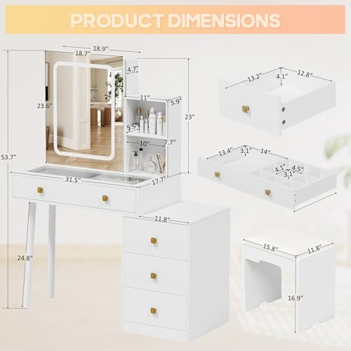 KAMABOKO Vanity Desk with LED Lights Mirror & Power Outlet, Small Makeup Vanity Table Set with 3 LED Lights Modes Adjustable Brightness,Dressing Table for Women and Girls Bedroom (055 White) KAMABOKO