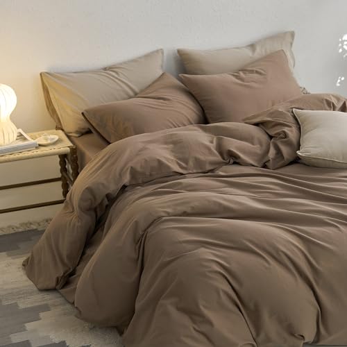 MooMee Full Duvet Cover Set, 100% Washed Cotton Linen Like Twill Thick Sturdy Material Super Soft Breathable Durable Bedding for All Season, 3 Pieces (Bombay Brown, Full 80"x90") MooMee