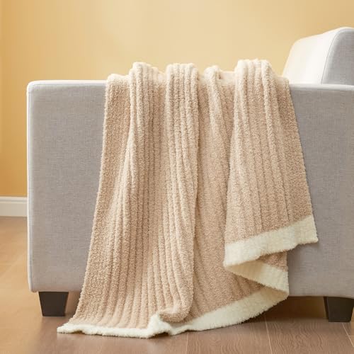 Snuggle Sac Luxury King Size Blanket for Bed, Cozy Soft Fuzzy Microfiber Knit Stripe Bedding Blankets, Beige, 108x90 inches Snuggle Sac