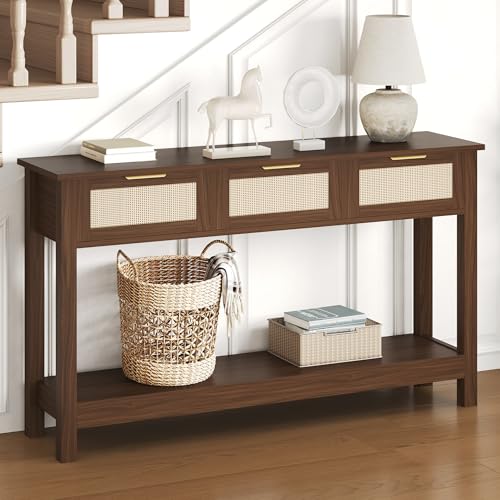 Luoxiao Console Table for Entryway with 3 Rattan Drawers Boho Entry Table with Storage Open Shelf, Narrow Long Sofa Tables for Living Room, Hallway, Foyer, Couch, Front Door, Walnut, 47 Inch Luoxiao