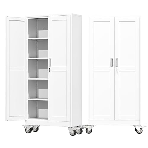AUEYTVR 71" Tall Metal Garage Storage Cabinet with Wheels and Locking Doors and Tall Rolling Steel Tool Cabinet with 4 Adjustable Shelves for Garage,Home,Office,Shop (White) AUEYTVR