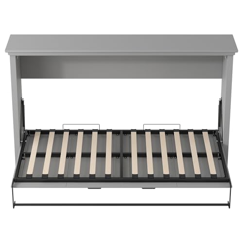 SOFTSEA Twin Size Horizontal Murphy Bed, Cabinet Murphy Bed for Guestroom Home Office Small Room, Solid Wood Wall Bed Frame Foldable Space-Saving, Can Be Folded into a Cabinet, Gray SOFTSEA