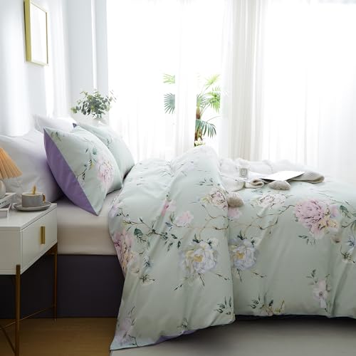 BOLINLIVING Floral Duvet Cover King Size 3 Pieces, Flower Duvet Cover with 2 Pillow Shams, Soft Floral Bedding Set Sage Green and Purple for All Season, Breathable, Zipper Closure… BOLINLIVING