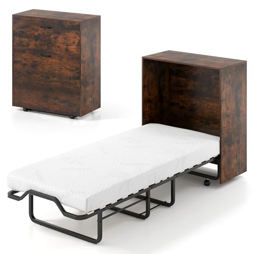 Giantex Murphy Bed Cabinet with Mattress Included, 74" x 31" Cot Size Fold Out Bed with Storage & Lockable Wheels, Metal Frame, 2 in 1 Roll Away Bed with Mattresses for Adults Guests Giantex