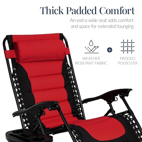 Best Choice Products Oversized Padded Zero Gravity Chair, Folding Outdoor Patio Recliner, XL Anti Gravity Lounger for Backyard w/Headrest, Cup Holder, Side Tray, Polyester Mesh - Red
