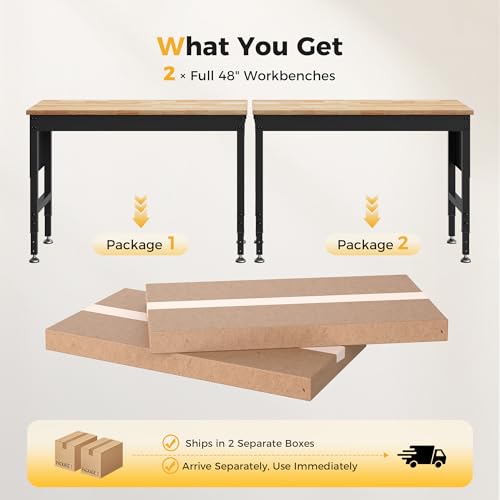 CAMMOO 96" Adjustable Heavy Duty Workbench, 2000 LBS Load Capacity Rubber Wood Work Table with Pegboard, Power Outlets, Work Bench for Garage, Workshop, Office, Home, Commercial, Ships in 2 Boxes CAMMOO