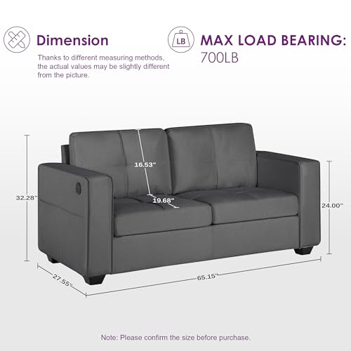 TYBOATLE 65" W Morden Linen Fabric Sofa Couch w/ 2 USB Charging Ports and Wide Arms, Mid-Century Comfy Upholstered Loveseat Couches for Living Room, Bedroom, Office, Easy Assembly (Dark Grey) TYBOATLE