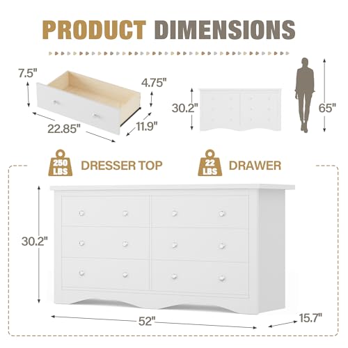 YESHOMY Dresser for Bedroom with 6 Drawers, Modern Chest of Drawers, Wooden Dressers, TV Stand for Living Room,Closet, Hallway (White)