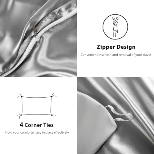 TodaFre Silver Grey Satin Duvet Cover King Size Set, 3 Pieces Ultra Soft Bedding Set - 1 Lightweight Duvet Cover 104x90 Inches with Zipper Closure, 2 Pillowcases TodaFre