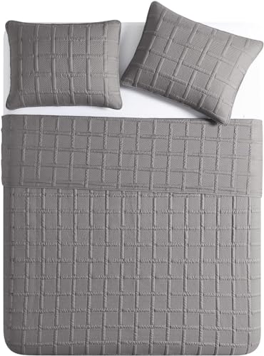 VCNY Home - Full/Queen Quilt Set, Pinsonic Bedding with Matching Pillow Shams, Dorm Room Essentials, Super Soft Home Decor (Square Dark Grey, 3-Piece) VCNY Home
