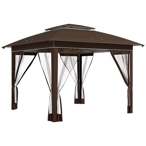 Outsunny 12' x 12' Pop Up Canopy Tent with Netting and Carry Bag, Instant Sun Shelter with 137 sq.ft Shade, Tents for Parties, Height Adjustable, for Outdoor, Garden, Patio, Dark Brown Outsunny