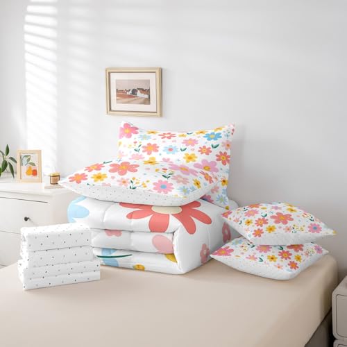 Feelyou Cute Flower 7 Piece Bedding Set Twin Size Kids Cartoon Cute Floral Bed in a Bag for Kids Girls Teens Toddler Yellow Pink Comforter Set with Sheets Kawaii Bed Set Feelyou