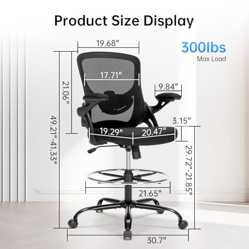 Heromate Drafting Chair Ergonomic Comuputer Standing Desk Chair with Flip-Up Arms and Lumbar Support, Tall Office Chair with Adjustable Footrest, Stool Counter Height Office Chairs Black Heromate