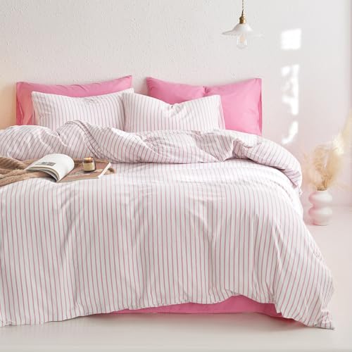 Wake In Cloud - Striped Cotton Duvet Cover Set, Ticking Stripe Vertical Pinstripe Farmhouse, 100% Washed Cotton Textured Percale Bedding Set, 3 Pieces, Pink White, Full Size Wake In Cloud