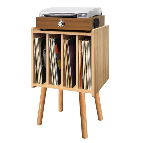 Record Player Stand, Vinyl Record Storage Table with 4 Cabinet, Mid Century Modern Turntable Stand, Organizer Vinyl Table for Bedroom Living Room, Oak Montex