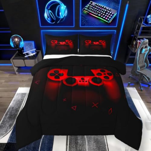 Boys Gamer Comforter Set Twin Size,Gamepad Bedding Set Kids Young Man Video Games Down Comforter for Teen Child Game Room Decor Black Red Classic Retro Gaming Quilted Duvet Set with Pillowcase Erosebridal