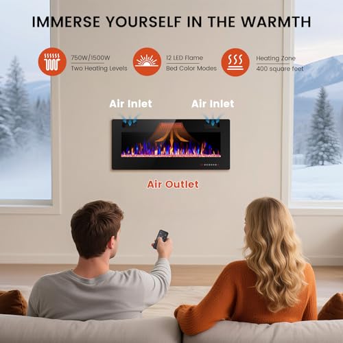 Electactic Electric Fireplace 42 inch, Recessed and Wall Mounted Electric Fireplace with Remote Control, Fireplace Heater, Linear Fireplace with Timer, Adjustable Flame Color, 750w/1500w, Black Electactic