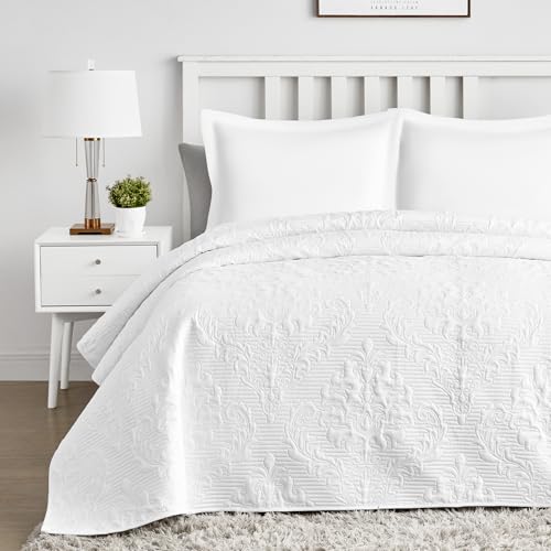 Hansleep White Quilt Queen Size - Damask Ultrasonic Summer Bedspread Queen, Soft Lightweight Coverlet Bedding Set, 3 Pieces (1 Quilt, 2 Pillow Shams) Hansleep