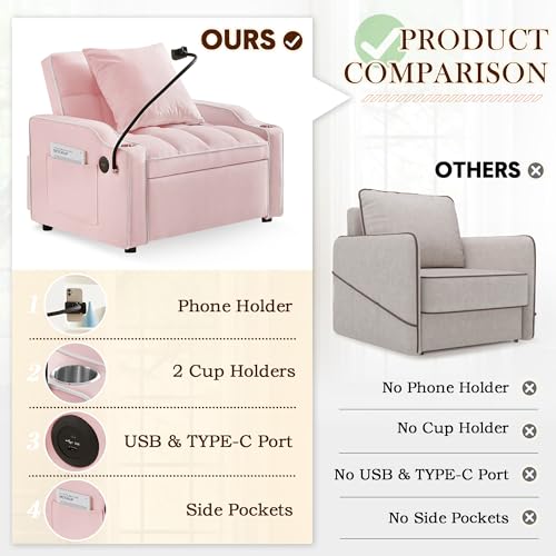 SLEERWAY 3-in-1 Convertible Futon Sofa Bed Chair, Multi-Functional Sleeper Chair Bed with Pull Out Couch and Adjustable Backrest, Modern Velvet Chaise Lounge Armchair for Living Room Bedroom, Pink SLEERWAY