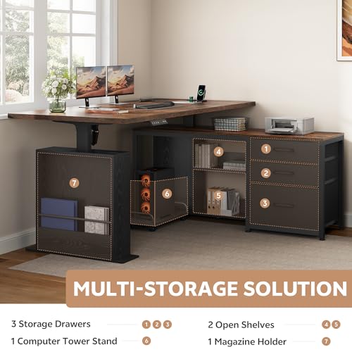 Homiflex 63" L Shaped Standing Desk with 3 Drawers Electric Adjustable Height Desk Corner Standing Desk with Storage Computer Game Desk with Power Outlets Computer Tower Stand for Home Office, Brown Homiflex