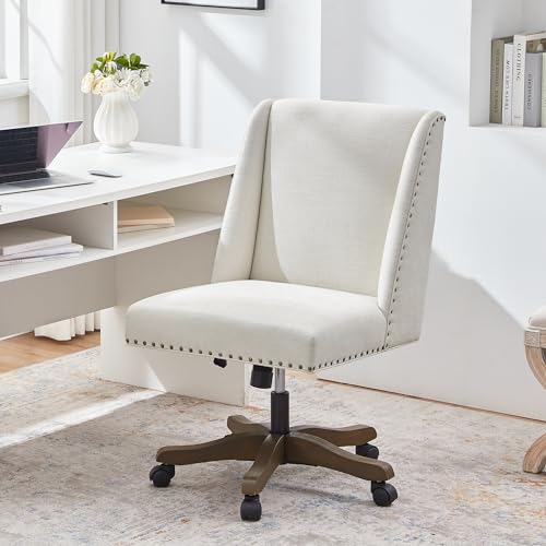 Zihanhome Armless Upholstered Office Chair with Wooden Legs, Modern Criss Cross Adjustable Home Office Desk Chair No Arms Sewing Chair Swivel Chair for Women Farmhouse Study Studio (Beige) Zihanhome