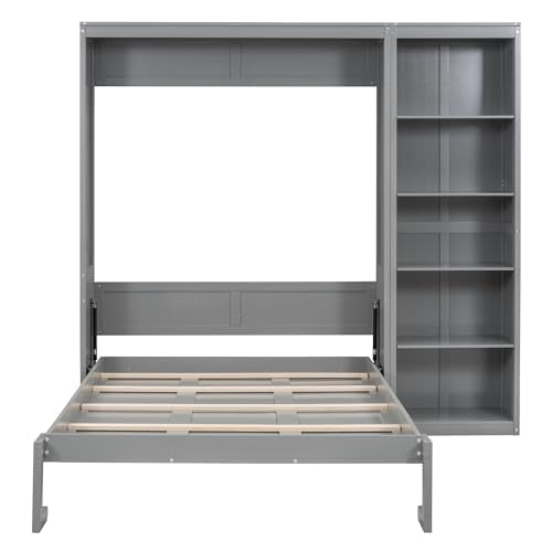 Harper & Bright Designs Gray Full Size Murphy Bed with Storage Shelves, Wood Cabinet Full Platform Beds with Flexible Slats Support, Foldable Wall Bed Frame for Home Office Studio Harper & Bright Designs