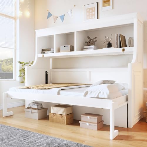 Fiorune Twin Size Horizontal Murphy Bed, Foldable Murphy Bed Cabinet with Desk and Storage Shelves, Space-Saving Hidden Wall Bed Frame for Small Spaces, Living Room, White Fiorune