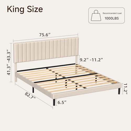 Mxhtcewz King Size Platform Bed Frame with Vertical Channel Tufted Headboard, No Box Spring Needed, Noise-Free, Easy Assembly, Beige Velvet Mxhtcewz