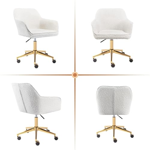 Zesthouse Modern Desk Chair with Wheels, White Swivel Vanity Chair for Girls Women, Upholstered Home Office Chair Boucle Armchair for Bedroom, Height Adjustable Computer Task Chair, Gold Base Zesthouse