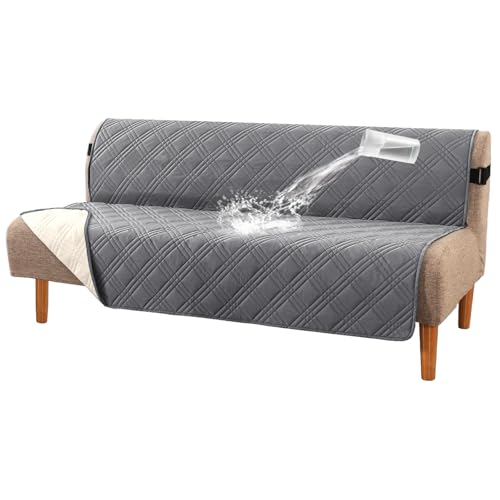 H.VERSAILTEX 100% Waterproof Futon Cover Reversible Futon Slipcover Armless Sofa Slipcover Furniture Protector Seat Width Up to 70" Washable with Adjustable Elastic Strap Anti-Slip, Grey/Beige H.VERSAILTEX