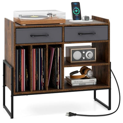 Giantex Large Record Player Stand with Charging Station, Modern Turntable Stand w/2 Fabric Drawers & Adjustable Shelf, Record Player Table, Vinyl Record Storage for Living Room (Rustic Brown)