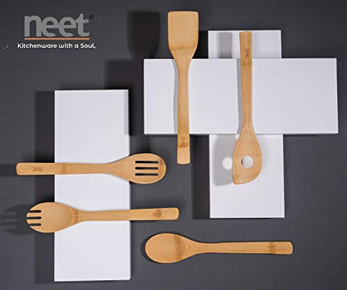 Neet Wooden Spoons For Cooking 6 Piece Organic Bamboo Utensil Set With Holder Wood Kitchen Utensils Spatula Spoon For High Heat Stirring In Nonstick Pots & Pans Quality Gift & Everyday Use NEET