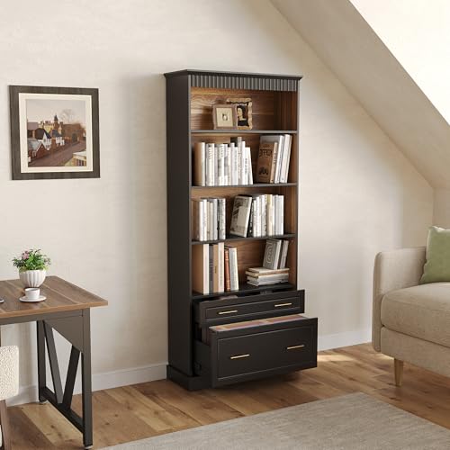 LITTLE TREE 72" Tall Black Bookcase, 5-Tier Office Bookself with File Cabinet Drawers,Modern Floor Standing Storage Filing Cabinet Book Shelf for Living Room,Bedroom LITTLE TREE