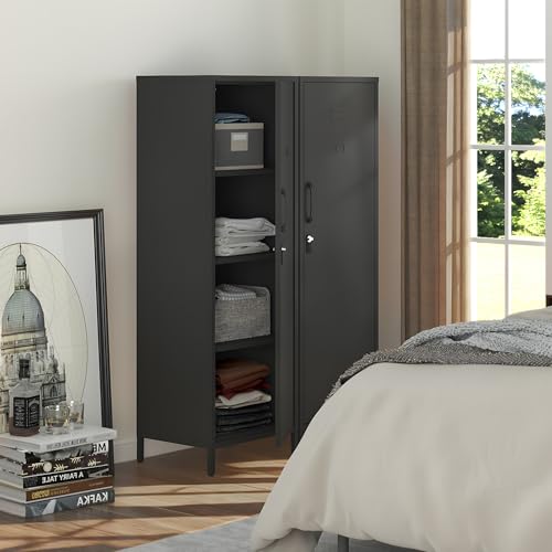 Epochsteele Metal Storage Cabinet Kitchen Pantry Cabinet for Bathroom Locking Storage Cabinet with Door and Removable Shelves (Black) Epochsteele