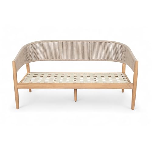 Christopher Knight Home Katarina Patio Acacia Wood Loveseat Furniture, Outdoor Loveseat Sofa with Comfy Fabric Cushions, 2-Seater Sofa with Handwoven Rope Backrest for Garden, Light Brown+Beige Christopher Knight Home
