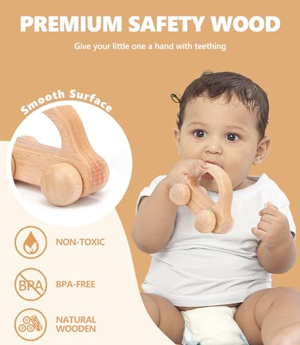 Wooden Baby Cars Toys, Montessori Toys for Babies 0-6-12 Months, Wooden Toys for Toddlers 1-3, Boy Nursery Neutral Nursery Decor Wood Rattle Baby Push Cars TUOWITA