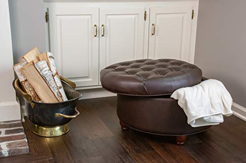 Homepop Home Decor | Button Tufted Faux Leather Round Storage Ottoman | Ottoman with Storage for Living Room & Bedroom (Distressed Brown) HomePop