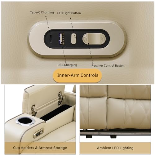 Saxum Tegmen Living Room Furniture Sets, Power Recliner Sectional Sofa with LED Lights, Leather Couch Set, Reclining Sofa for Living Room, Home Theater,and Office (3PCS Set, Beige)