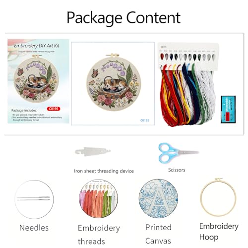 Needlework Embroidery Kit for Beginners,Dog and Record Player Pattern Handmade Cross Stitch Sewing Craft Kit,7.87 inch Hoop,Floss & Needles for Craft Lover Gifts 29 * 29cm