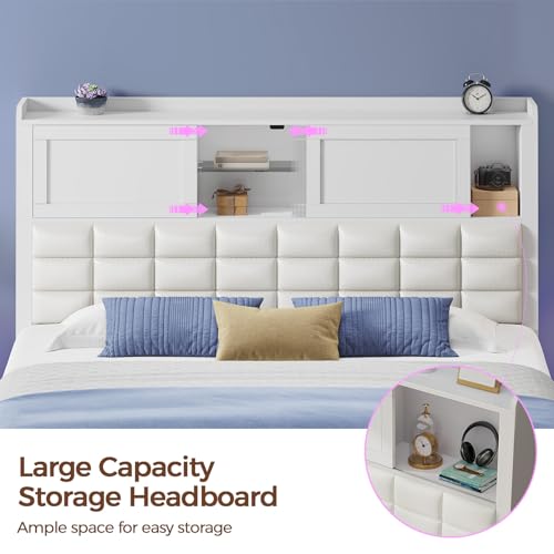 Rolanstar Bed Frame Twin Size with Charging Station, Bookcase Headboard Bed with LED Light and Sliding Doors, Platform Bed with Wooden Slats, No Box Spring Needed, Noise Free, White Rolanstar