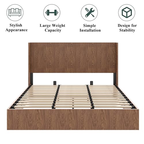 MoproBeti Lift Up Storage Bed King, Mid Century Hydraulic Lift King Storage Bed with Raised Wingback Headboard, Space Saving Storage, Heavy Duty Steel & Wood Slats,No Box Spring Needed,Natural MoproBeti