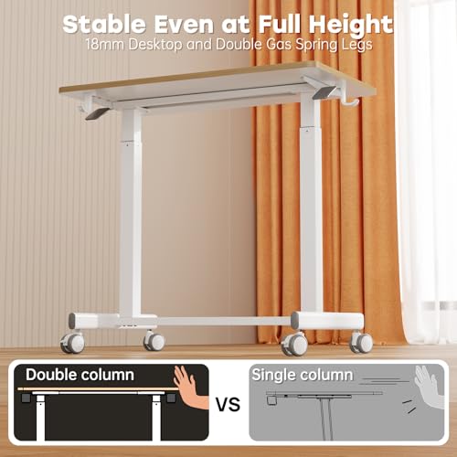 JOY worker Mobile Standing Desk, 35In Small Standing Desk, Pneumatic Height Adjustable Rolling Table Holds Up to 33lbs, White Mobile Laptop Workstation with Dual Handles & Columns, White JOY worker