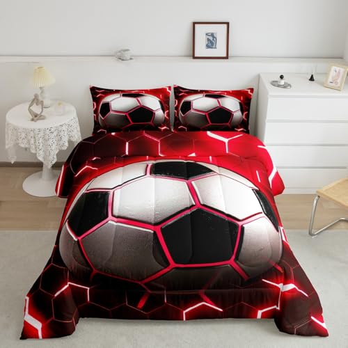 Erosebridal Football Bedding Comforter Sets for Boys Soccer Bedding Sets Full,Red Neon Light Decor Duvet Insert Modern Style Glowing Honeycomb Quilted Comforter 3Pcs,Sports Themed Bedroom Decor Erosebridal