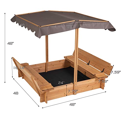 BIRASIL Wood Sandbox with Cover, Sand Box with 2 Bench Seats for Aged 3-8 Years Old, Sand Boxes for Backyard Garden, Sand Pit for Beach Patio Outdoor (Natural Wood, 48 Inch) BIRASIL