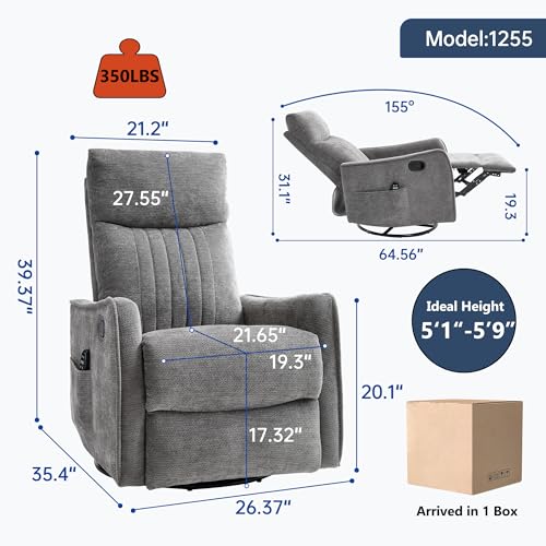 High Back Massage Recliner with Heat - Swivel Rocking Chair for Small Spaces, Manual Lazy Boy Recliner for Adults, Perfect for Living Room & Bedroom, Soft Fabric (Dark Gray)